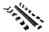 A collection of black gutter components arranged around a central gutter section on a white background. Produktbild-Vorschau