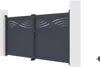 A dark gray double gate with decorative cutouts at the top, standing between two white pillars. Produktbild-Vorschau