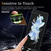 A hand is touching a smartphone screen protector, with a close-up diagram of touch sensitivity. Produktbild-Vorschau