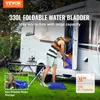 A man is putting a blue foldable water bladder into the storage compartment of a camper van. There is a table with a stove set up outside the camper. Voir les images du produit