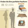 Diagram showing human silhouettes with height measurements, a bed with dimensions, and a rug with dimensions, all related to product sizing and fit. Náhled obrázku produktu