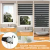 A collage of three window blinds in different states of openness, with a close-up of the roller mechanism and text describing its features. Voir les images du produit