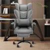 A gray ergonomic office chair with a headrest and lumbar support is shown in a home office setting. Produktbild-Vorschau