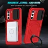 Two red phone cases are displayed against a dark background, showcasing features like a sliding camera cover, a magnetic ring stand, and a white magnetic attachment. Produktbild-Vorschau