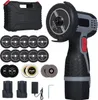 A collection of tools and accessories for a cordless angle grinder, including the grinder itself, batteries, charger, and various cutting and grinding discs, all laid out on a white background. Náhled obrázku produktu