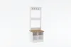 A white and wood-grain hall tree with coat hooks, a mirror, and shoe storage cubbies, presented against a white background. Produktbild-Vorschau