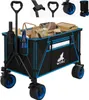 A black and blue foldable wagon filled with various items, including bags, bottles, and a picnic basket, shown from a slightly diagonal front view. Produktbild-Vorschau
