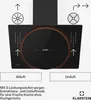 A black kitchen hood with illuminated accents and control panel, shown from a top-down perspective with instructional diagrams and text. Produktbild-Vorschau