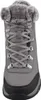 A close-up, front-facing view of a gray winter boot with faux fur trim and gray laces. Voir les images du produit