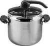 A studio shot of a stainless steel pressure cooker with black handles and lid. Anteprima dell’immagine prodotto