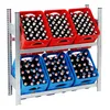 A metal shelving unit holding multiple crates of bottled beverages. Produktbild-Vorschau