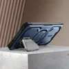 A blue phone case with a kickstand is displayed on a concrete block against a textured brown background. Produktbild-Vorschau