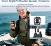 A man in a boat holding a radio microphone, with close-ups of the microphone's features. Náhled obrázku produktu