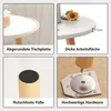 A collage of four images showcasing different features of a small round coffee table. Produktbild-Vorschau