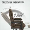 A brown office chair is shown reclined, with an arc indicating its recline angle and text describing its functions. Voir les images du produit