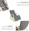 Collage of a gray rocking chair with wooden frame, shown from different angles, with descriptive text. Náhled obrázku produktu