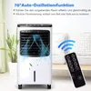 A white air cooler is shown in a room setting with a remote control and text overlays. Produktbild-Vorschau