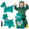 A collage of a child in a dinosaur costume riding a green inflatable dinosaur toy, with other views of the toy and a pump. Podgląd zdjęcia produktu