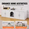 A white cabinet designed for cat litter boxes, shown in a room setting and in close-up detail shots. Náhľad obrázku produktu