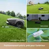 Collage of images showing a robotic lawnmower in different settings and demonstrating its features. Produktbild-Vorschau