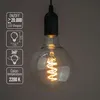 A vintage-style LED light bulb with spiral filament, shown hanging and with feature callouts on the left. Produktbild-Vorschau