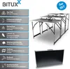 A promotional image showcasing a set of three foldable, height-adjustable tables with various features listed. Produktbild-Vorschau