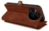 A brown leather wallet-style phone case is shown from the side, with the phone inserted and the case folded open. Produktbild-Vorschau