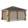 A gazebo with wooden posts and a black metal roof, featuring tan curtains and mosquito netting. Náhled obrázku produktu