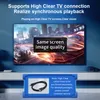A television displaying a futuristic racing game, with marketing text overlays and a product image of a cable at the bottom. Produktbild-Vorschau