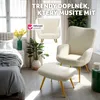 A bedroom scene with a bed, armchair, and ottoman. The text overlay suggests trendy accessories. Náhled obrázku produktu
