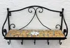 A black metal wall shelf with a mosaic tile surface and four hooks underneath, mounted on a white textured wall. Podgląd zdjęcia produktu