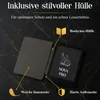An e-reader and its protective case are displayed on a dark, marbled background, with text and graphics highlighting features. Produktbild-Vorschau