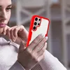 A woman is holding a smartphone with a red and white case. Produktbild-Vorschau