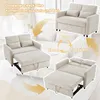 A collage showing a beige sofa in different configurations: as a sofa, as a daybed, and partially converted to a bed, with arrows indicating the transformation. Produktbild-Vorschau