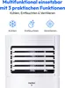 A close-up of a white air conditioning unit with icons and text describing its functions. Produktbild-Vorschau