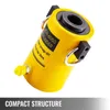 A yellow hydraulic cylinder is shown against a white background. Text overlays describe its features. Podgląd zdjęcia produktu