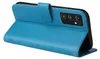 A blue flip cover phone case with floral and butterfly embossing is shown from a side angle, with the phone inside. Produktbild-Vorschau