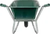 A green wheelbarrow with a galvanized frame is shown from the front. Produktbild-Vorschau