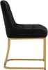 Side view of a black upholstered dining chair with a gold metal frame. Produktbild-Vorschau