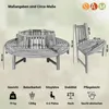 A diagram showing a circular garden bench and a chair with dimensions and feature icons. Produktbild-Vorschau