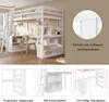 A collage of images showcasing a white loft bed with a desk and shelves, along with close-ups of its features and German text describing them. Náhled obrázku produktu