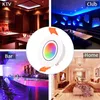 Collage of four different scenes showing LED lights in various settings: KTV, club, bar, and home, with a central image of a colorful LED spotlight. Produktbild-Vorschau