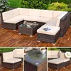 A collage of images showing a modular rattan outdoor furniture set with beige cushions, placed on a wooden deck. Anteprima dell’immagine prodotto
