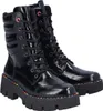 A pair of black patent leather lace-up boots with a thick platform sole and colorful stitching around the sole. Anteprima dell’immagine prodotto