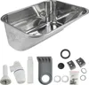A stainless steel sink and its plumbing accessories are displayed against a white background. Produktbild-Vorschau