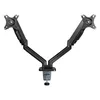 A black dual monitor arm mount clamped to a desk, shown against a white background. Náhled obrázku produktu