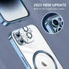 A close-up marketing image of a clear phone case with blue trim, highlighting the camera lens covers and MagSafe ring. Produktbild-Vorschau