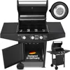 A black gas grill is shown with its lid open, revealing the grill grates. A close-up of the thermometer on the lid is shown in a circular inset. The grill has side shelves and a cabinet underneath with a door open, showing a German flag design and text. Náhled obrázku produktu