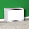 A white shoe cabinet against a green wall and a textured rug.