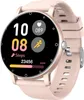 A pink smartwatch with a gold-toned bezel is displayed against a white background. The watch face shows the time, heart rate, steps, and a running icon. Produktbild-Vorschau